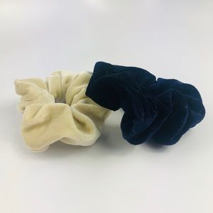 Two Washable Blue and Tan Velvet Scrunchies